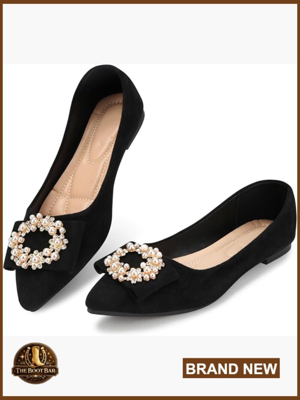Faux Suede Pointed Toe Pearl Flats, Non-Slip Ballet Flats for Work & Wedding